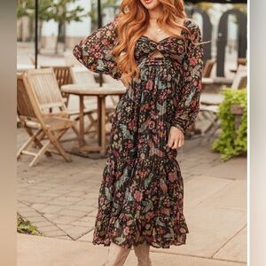 Elegant Fall Floral Black Maxi Dress